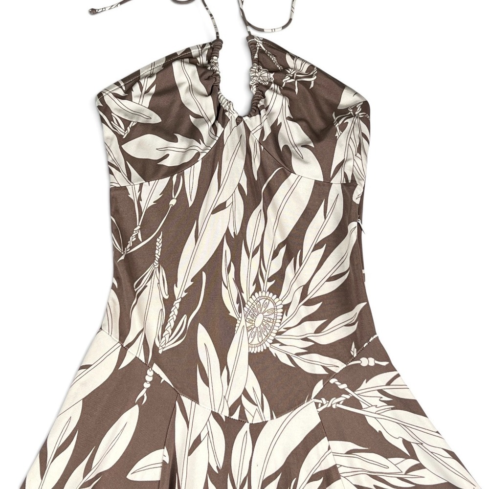 Mara Hoffman Sz Small Jersey Flared Halter Midi Dress Brown Cream Feathers - Picture 2 of 10